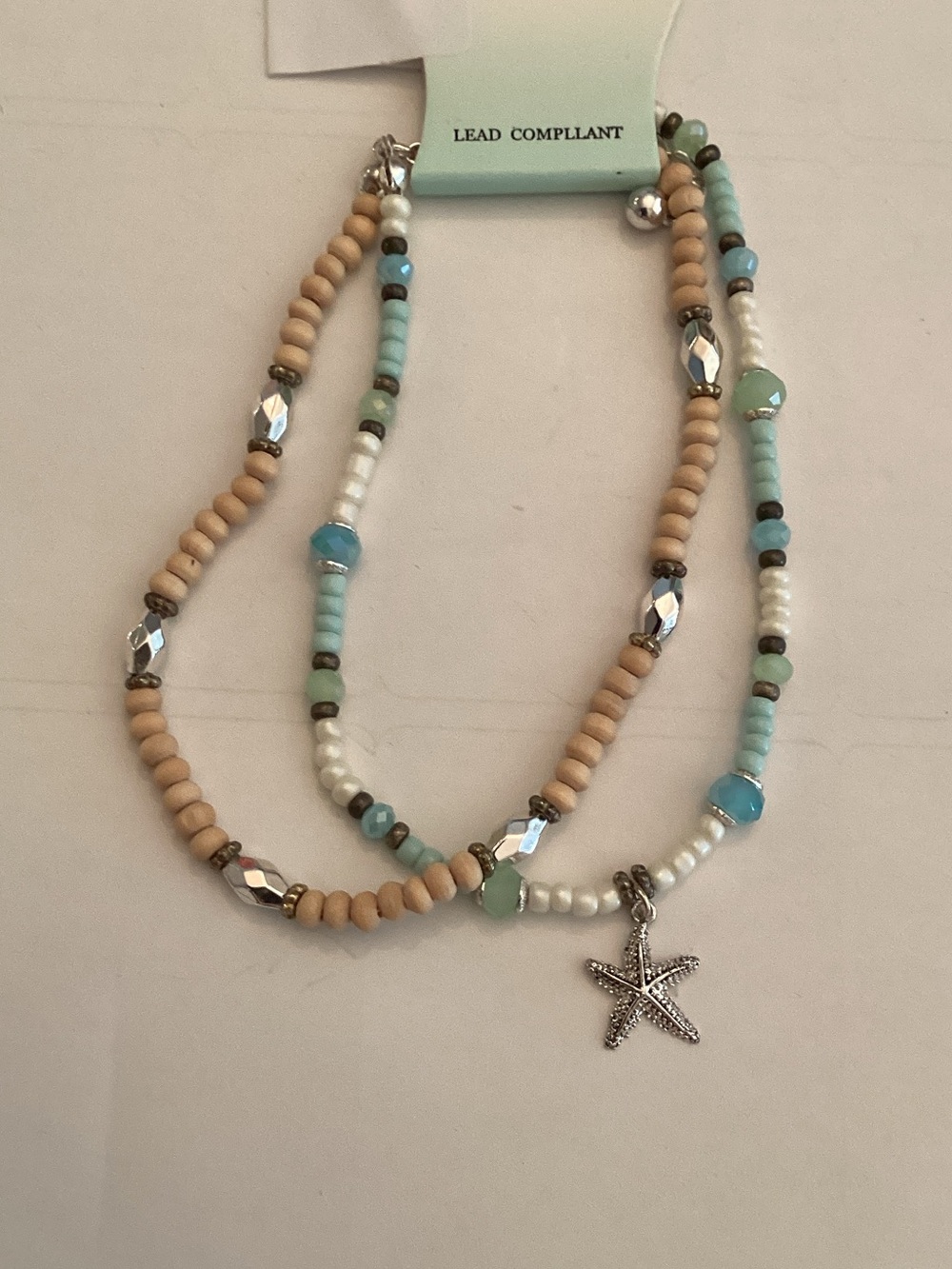 IC COLLECTION Layered Starfish Bead anklet - Aqua, Cream & Silver